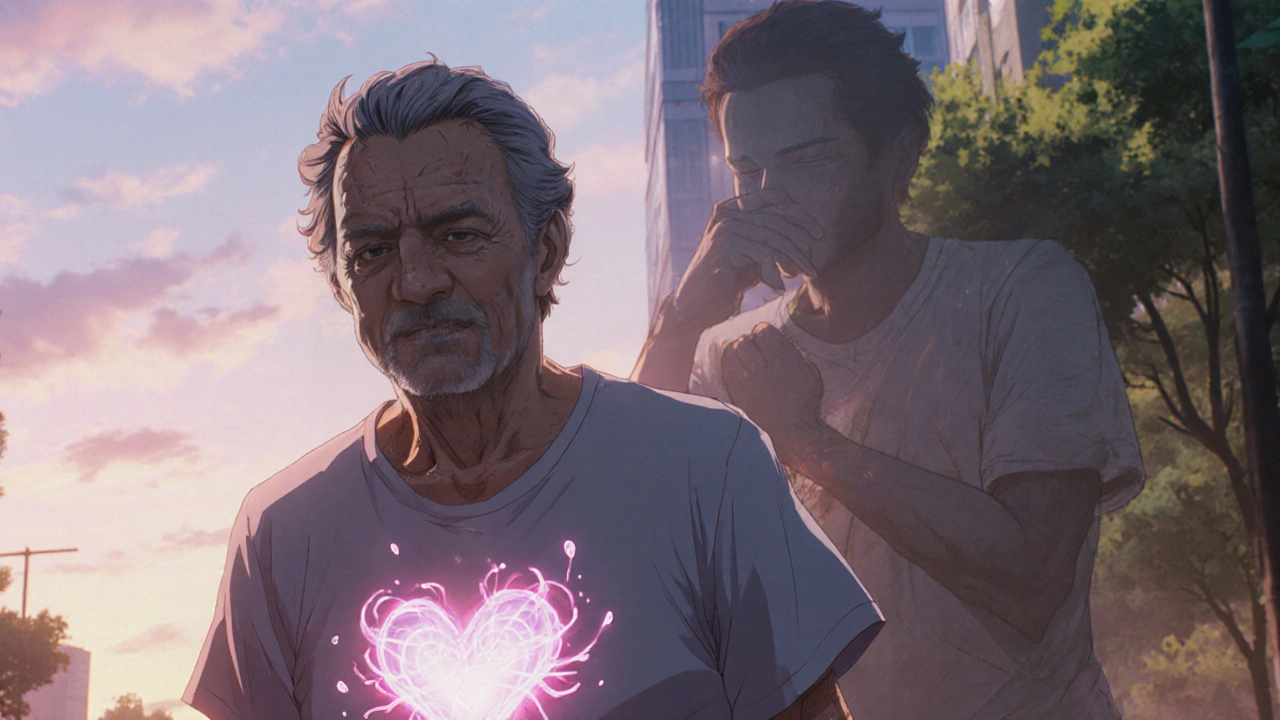 A patient walking peacefully at dawn, faint heart-shaped energy waves radiating from their chest.