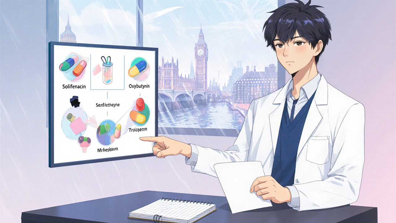 Adult showing symptom diary to doctor, with stylized icons of bladder medications floating nearby.