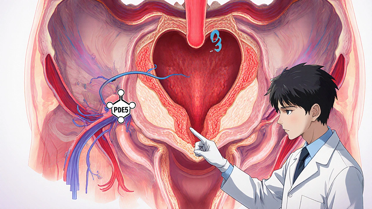 Anatomical illustration showing blood flow increase from sildenafil.