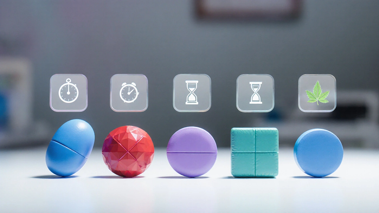 Array of five different ED pills with subtle icons indicating onset, duration, and food effects.