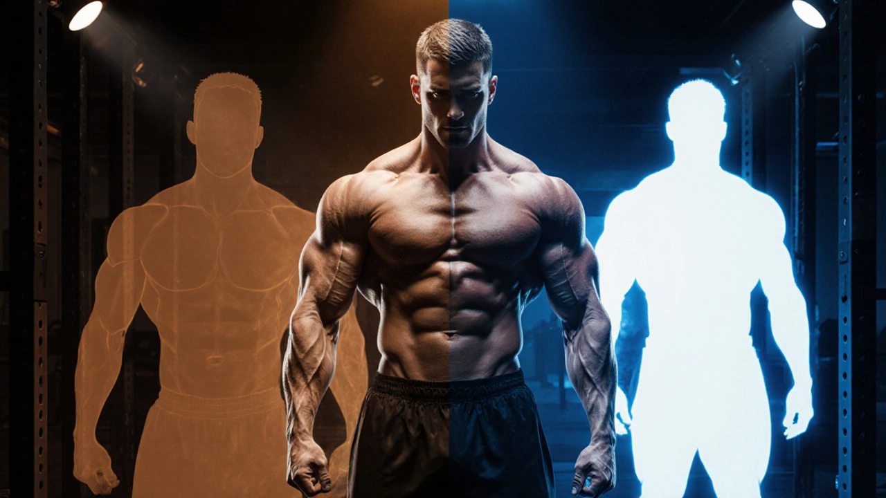 Athlete in gym with muscular sheen, flanked by faint silhouettes symbolizing mild and extreme steroid effects.