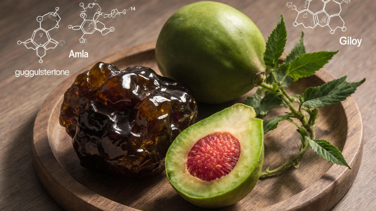 Close‑up of Indian Bdellium resin, Amla fruit, and Giloy vine on a wooden tray.
