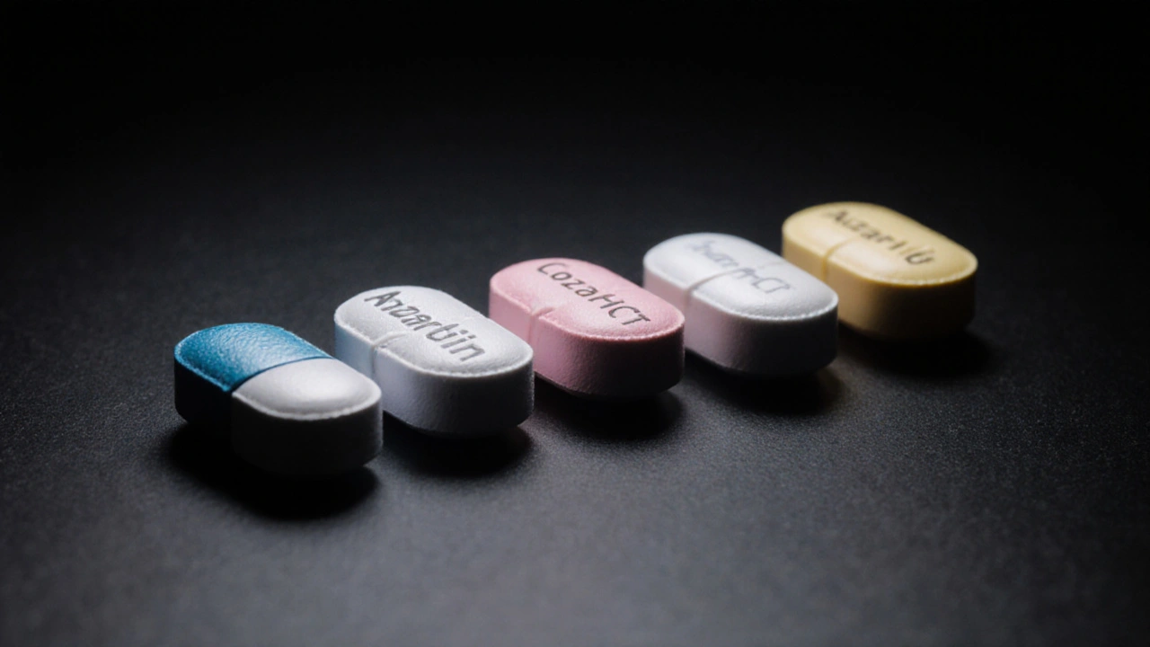 Close‑up of six different hypertension medication tablets arranged on a dark surface.