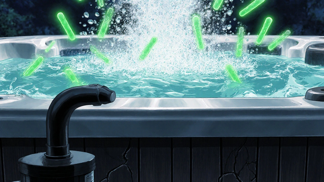 Close-up of water jets spraying mist filled with glowing rod-shaped bacteria.