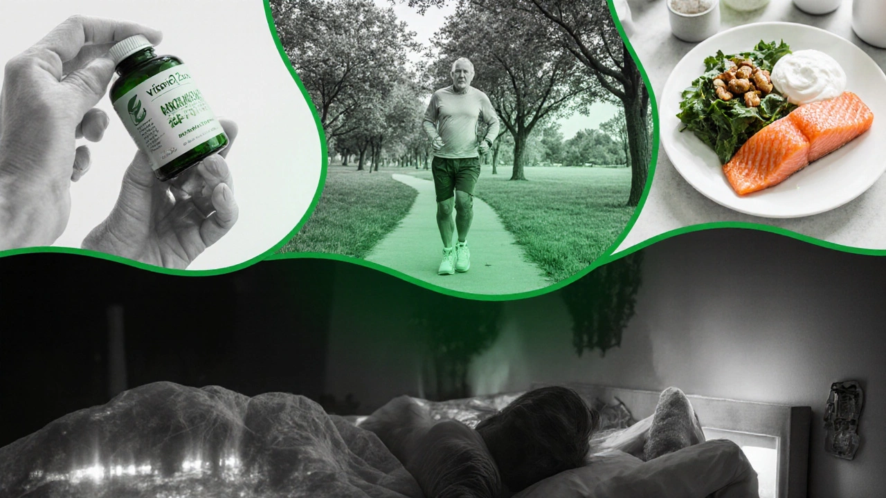 Collage of a senior’s weekly health routine: supplements, walk, fish dinner, yoga, and sleep, rendered in duotone.