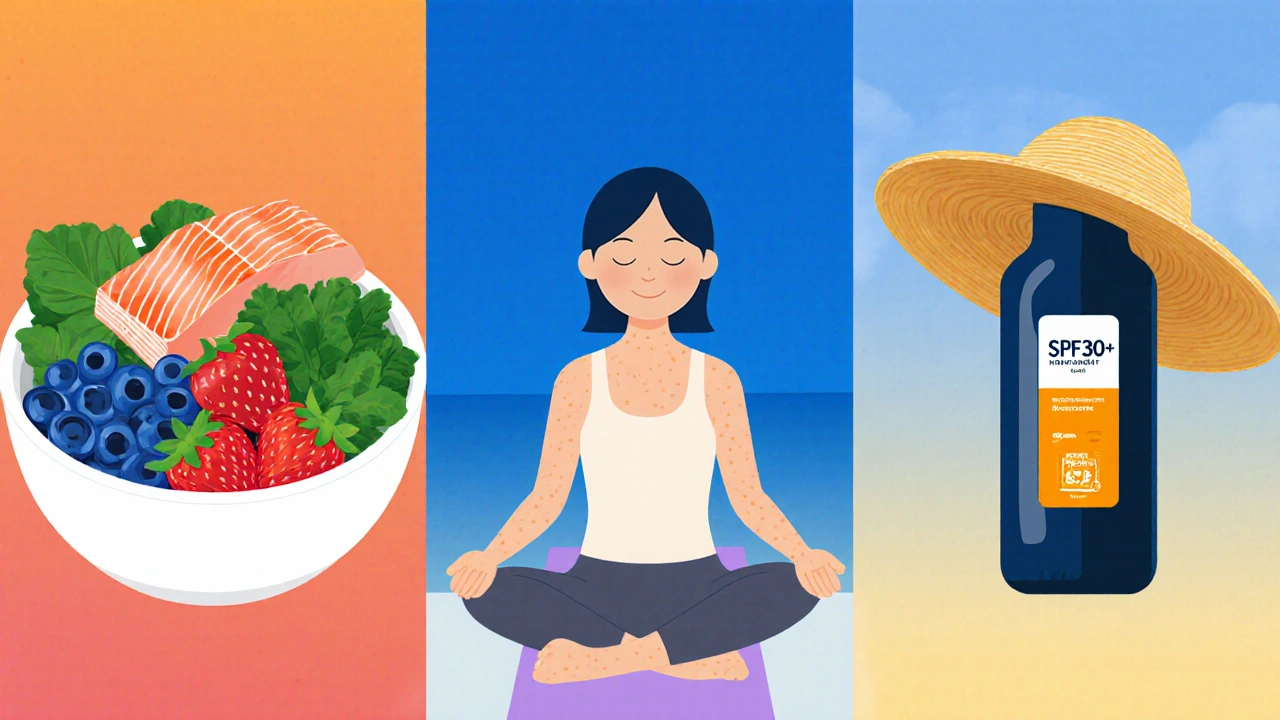 Collage of antioxidant foods, a meditating figure, and sunscreen items representing healthy habits.