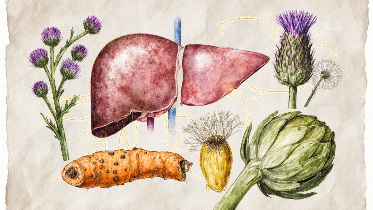 Collage of liver illustration surrounded by chicory, caper bush, milk thistle, turmeric, dandelion, and artichoke drawings.