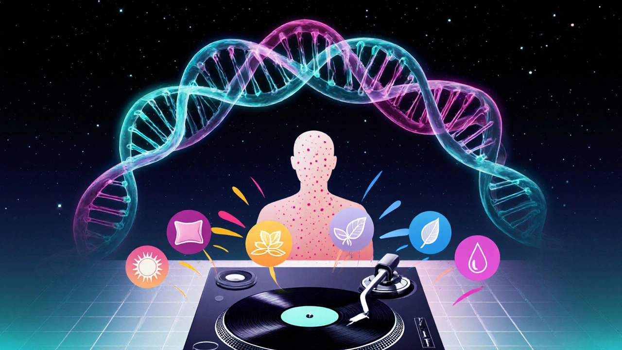 Concept art of DNA helix and DJ turntable remixing lifestyle factors onto skin freckles.