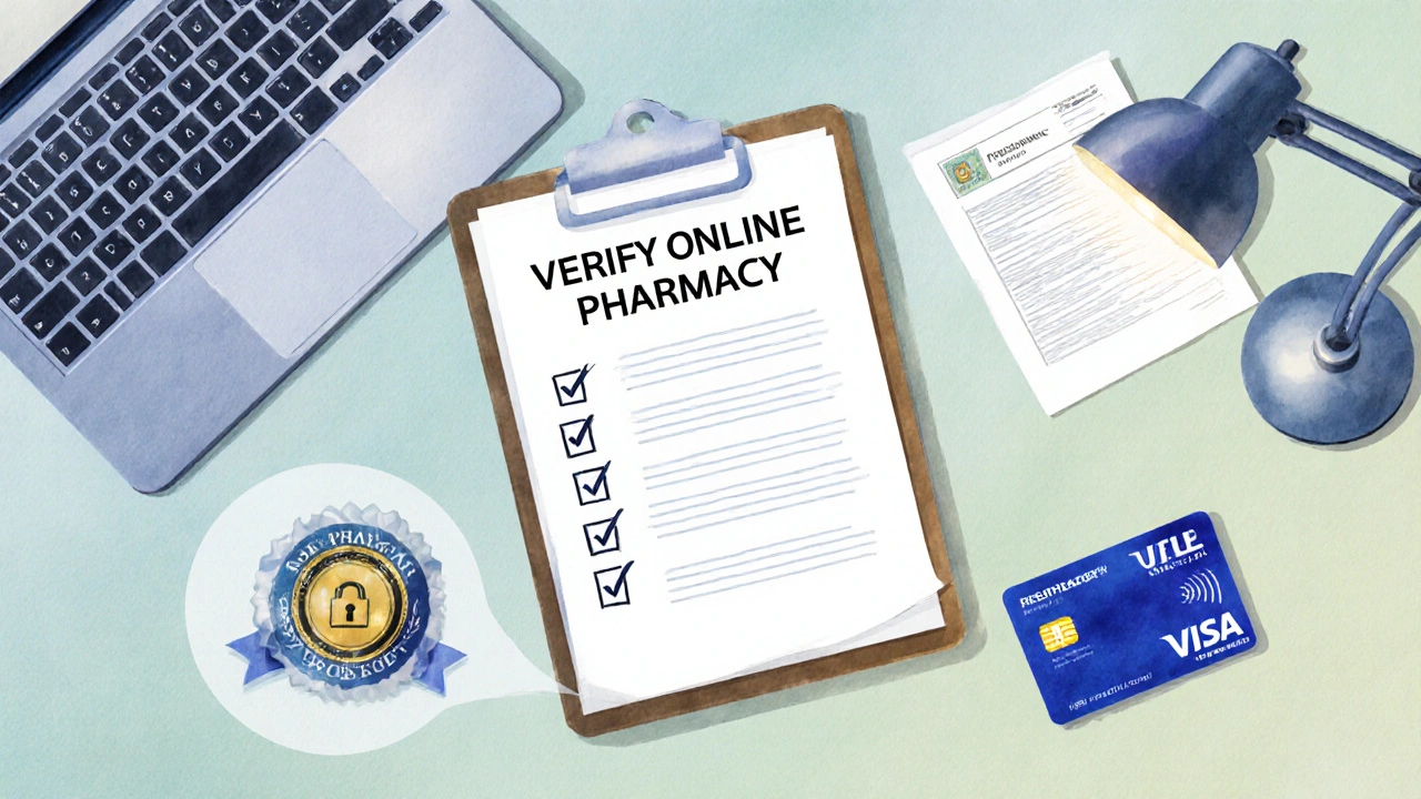 Desk with checklist, laptop badge icon, prescription, pharmacy license card, and secure credit card.