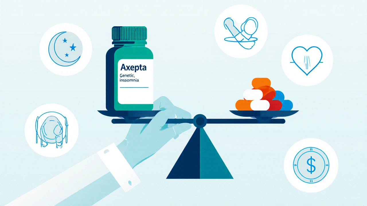 Doctor&#039;s hand holding a scale balancing an Axepta pill bottle against stimulant pills, with icons for sleep, appetite, heart, and cost.