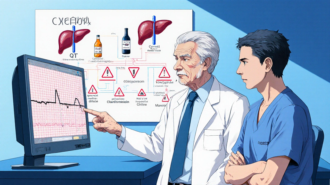 Doctor and patient reviewing ECG with warning symbols for drug interactions.