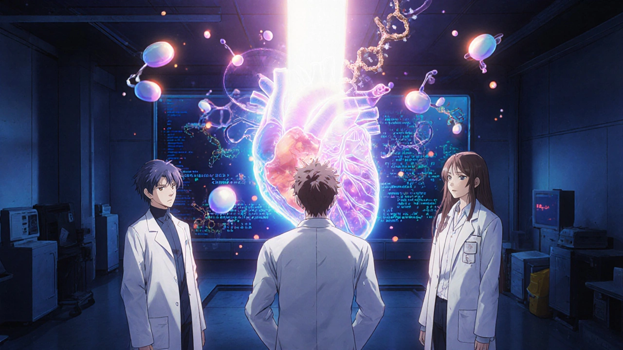 Doctors observing a hologram of dissolving heart scar tissue with floating genetic code and drug molecules.