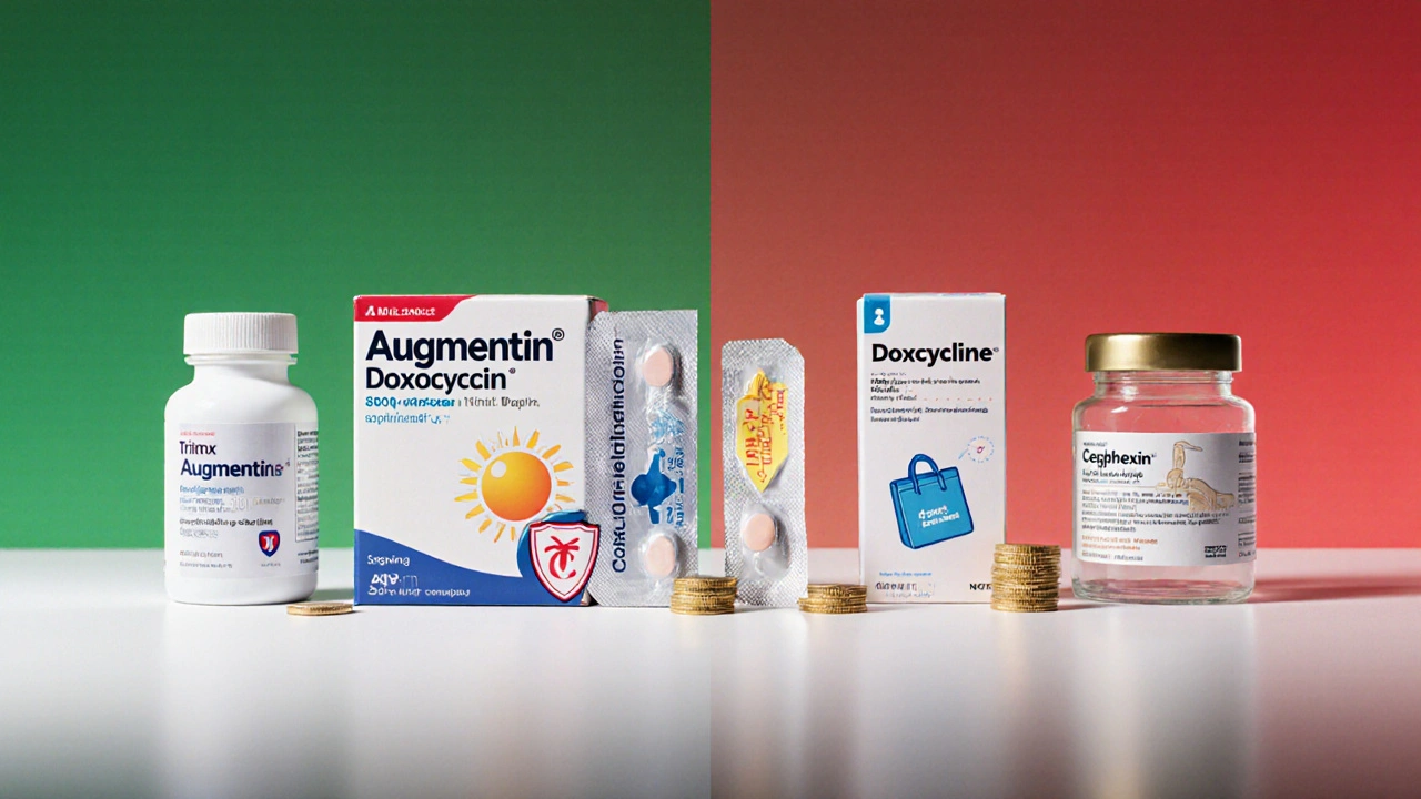 Five antibiotic bottles and packs displayed side by side for visual comparison.