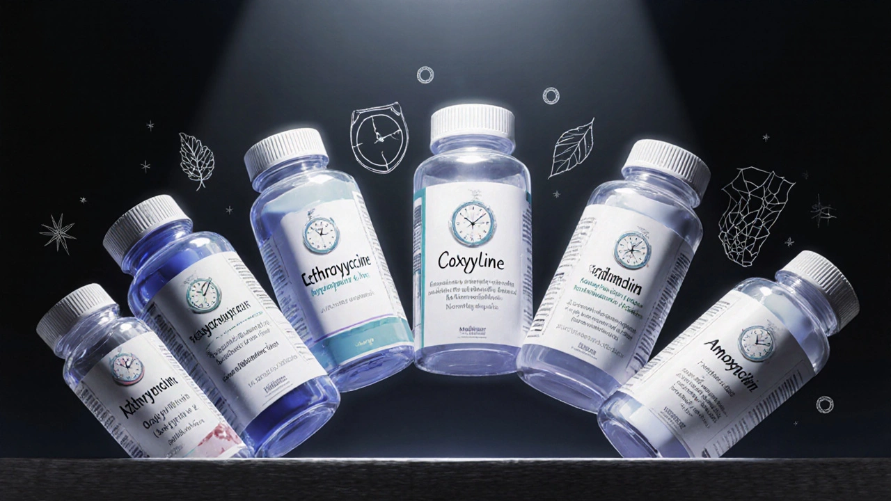 Five antibiotic bottles displayed with visual icons for spectrum and side effects.