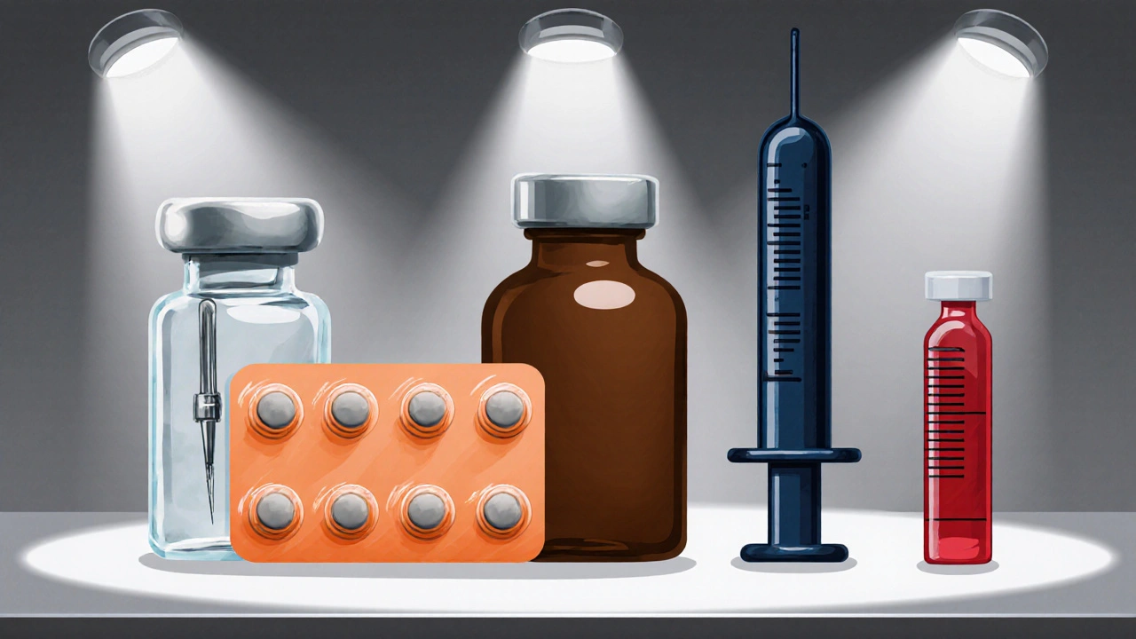 Gym bench displaying testosterone vial, Anavar blister, Dianabol pill bottle, Primobolan syringe, and Trenbolone ampoule.