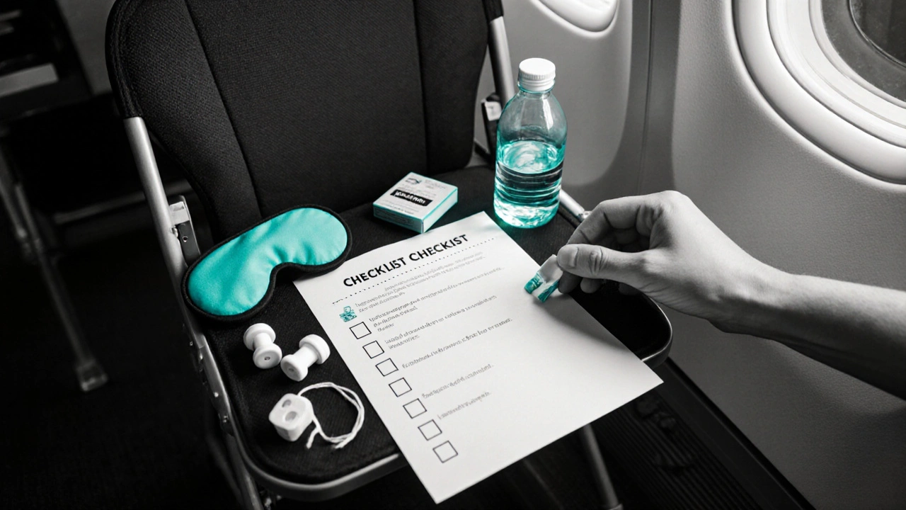 Hand placing a checklist on travel gear with teal‑tinted melatonin and eye mask.