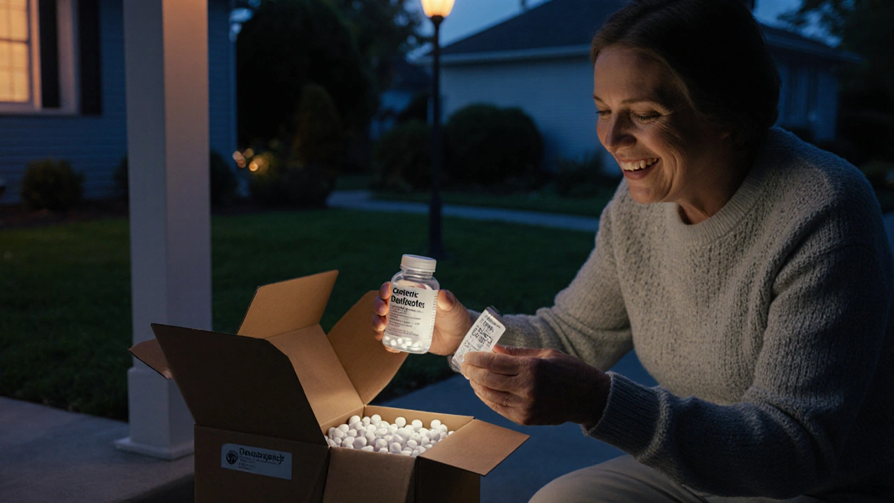 Hands opening a delivery box revealing a bottle of generic Depakote tablets on a porch.