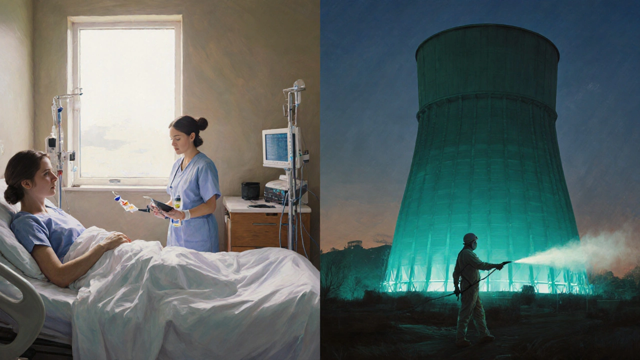 Hospital patient receiving IV treatment beside a worker cleaning a cooling tower.