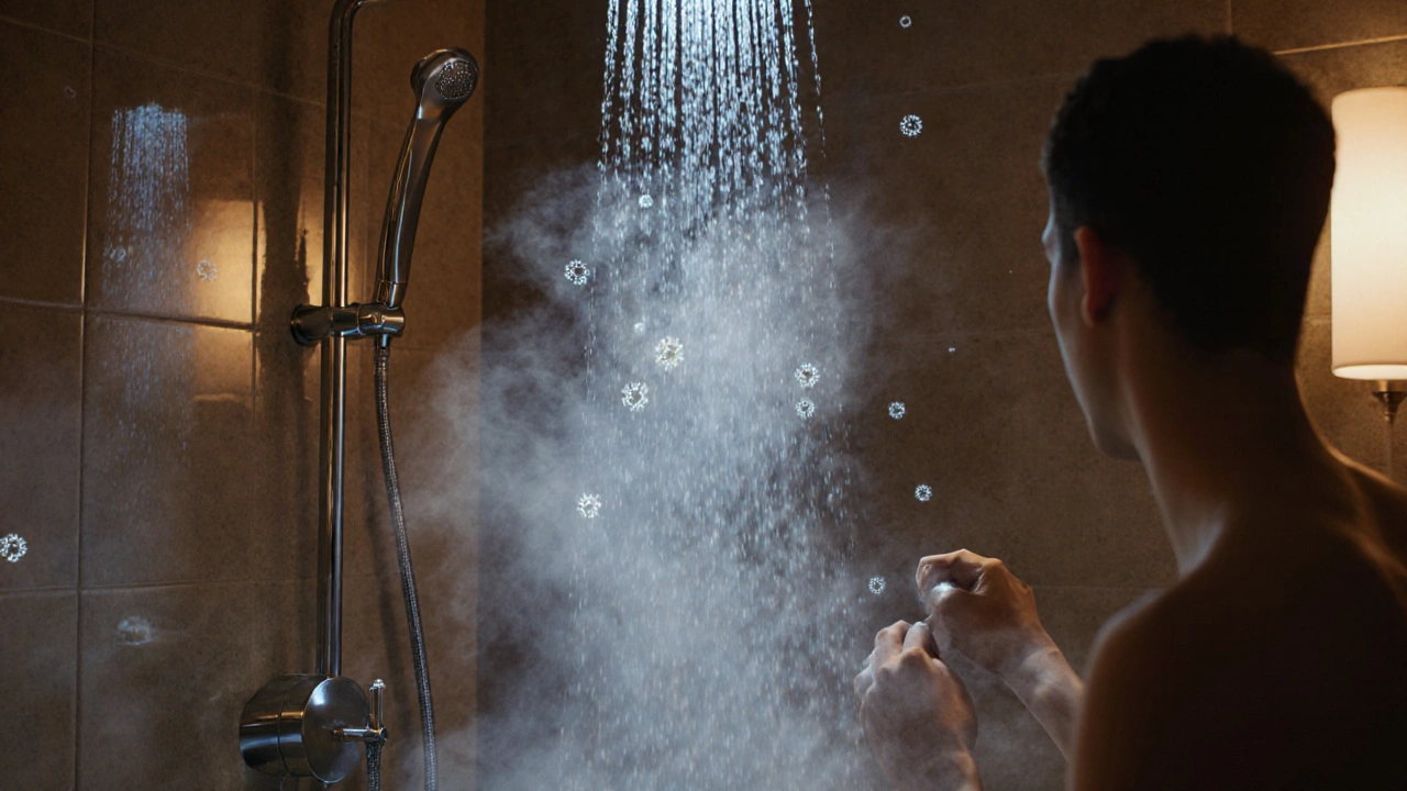 Hotel shower scene with steam droplets hinting at hidden bacteria.