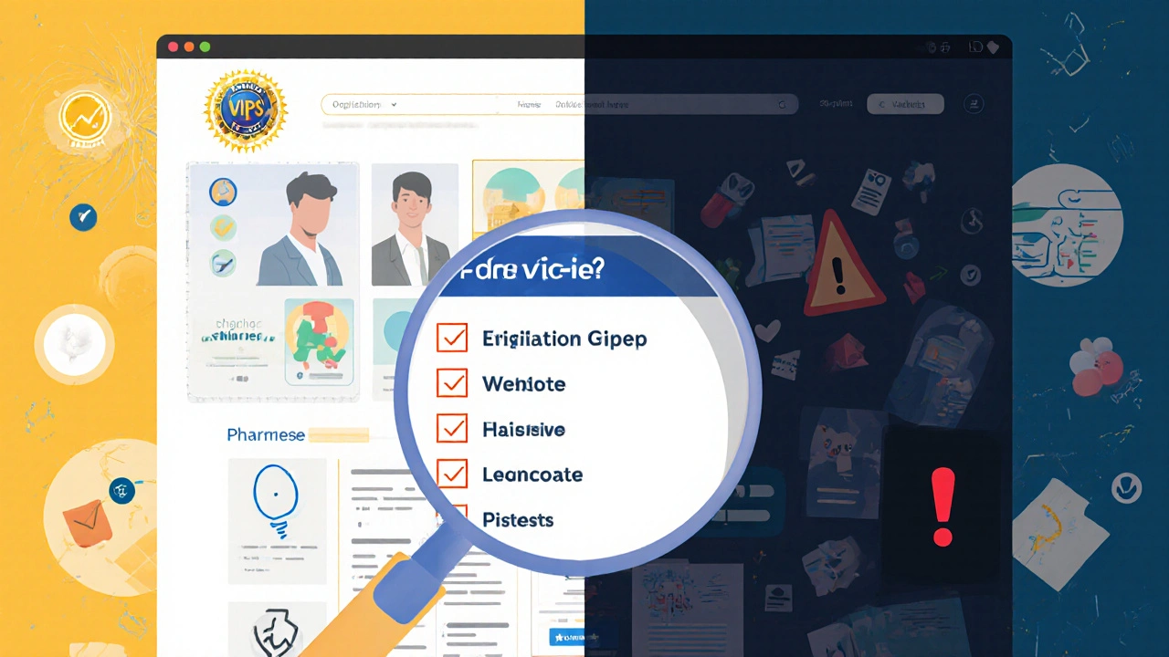 Illustrated comparison of a reputable and a shady online pharmacy with verification symbols.
