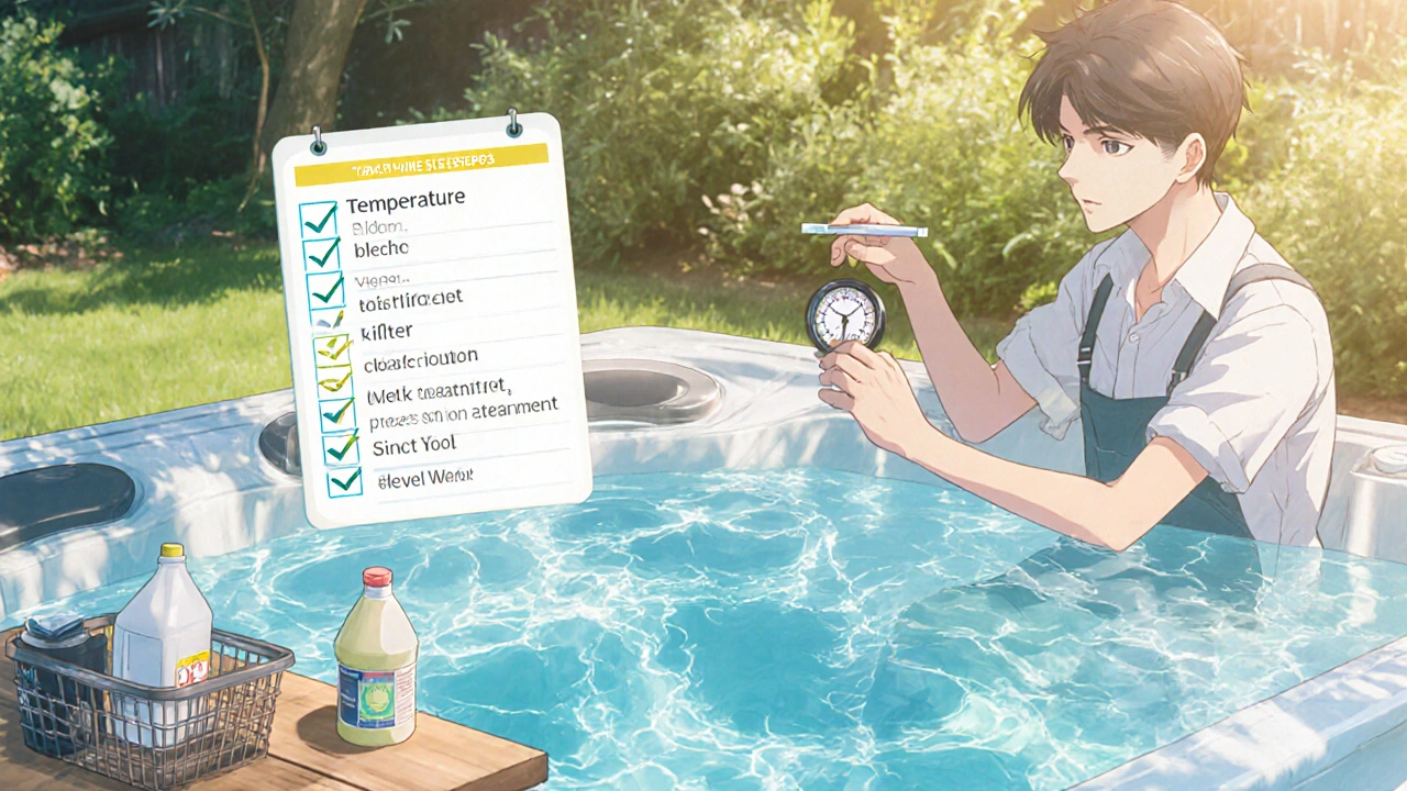 Individual checking chlorine levels and cleaning a hot tub filter beside a sparkling spa.