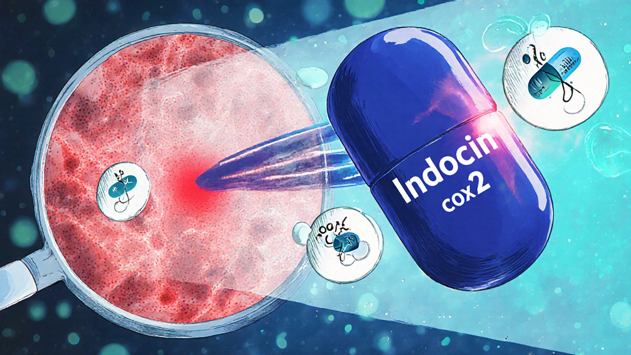 Magnified joint tissue showing Indocin blocking COX enzymes, reducing inflammation.
