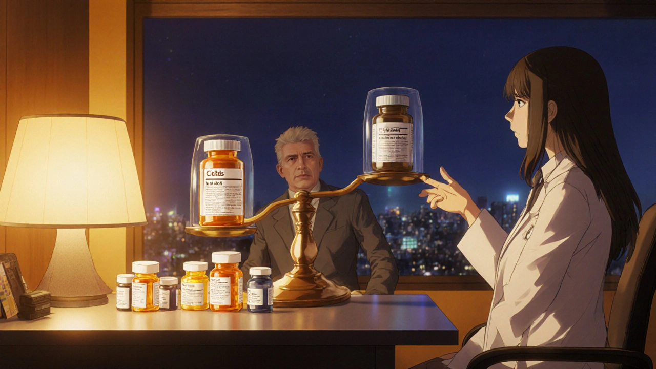 Man discussing pill choices with a doctor, balance scale showing Cialis versus generic tadalafil.