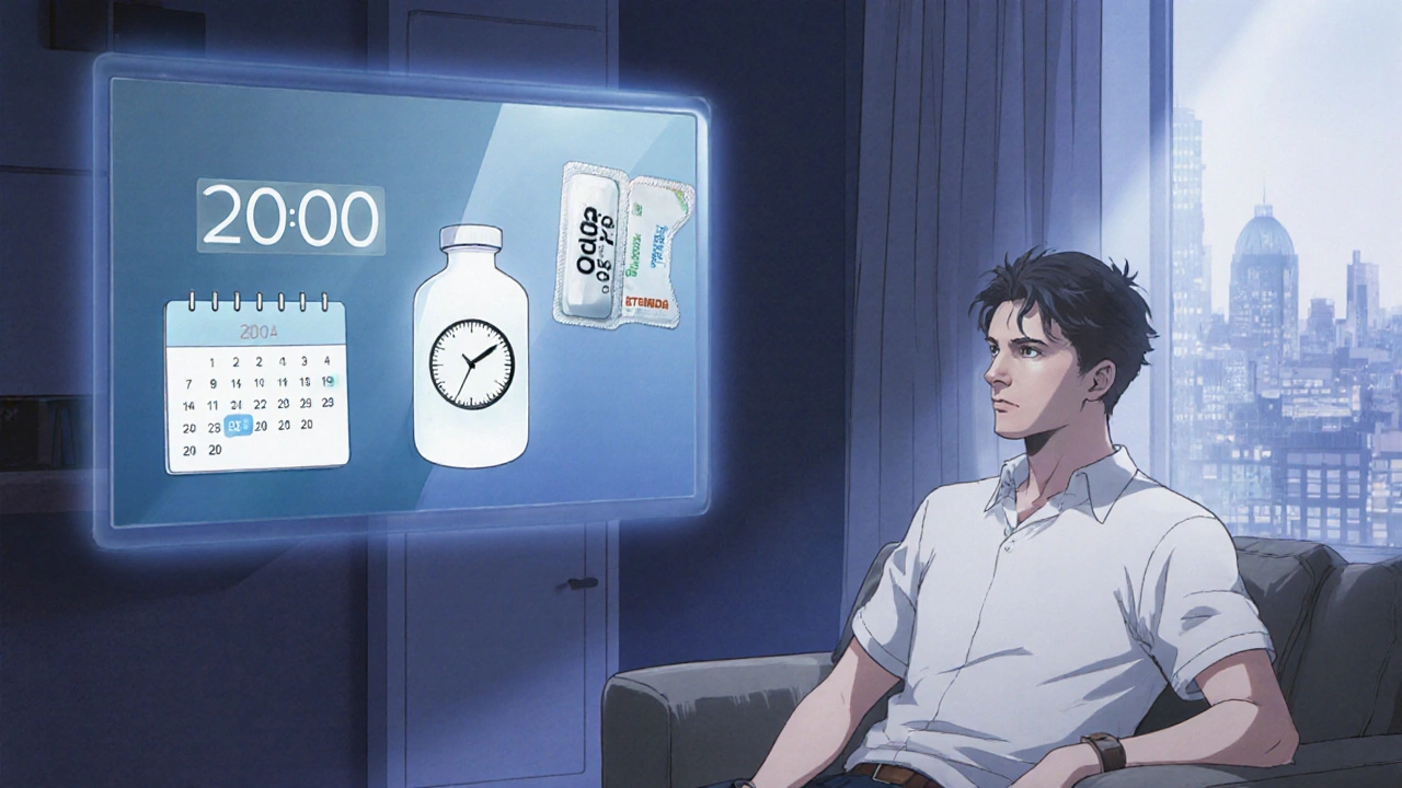 Man in a London apartment contemplating pill choices with split‑screen scenarios.