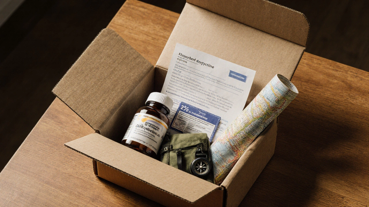 Opened delivery box showing sealed doxycycline bottle and travel items.