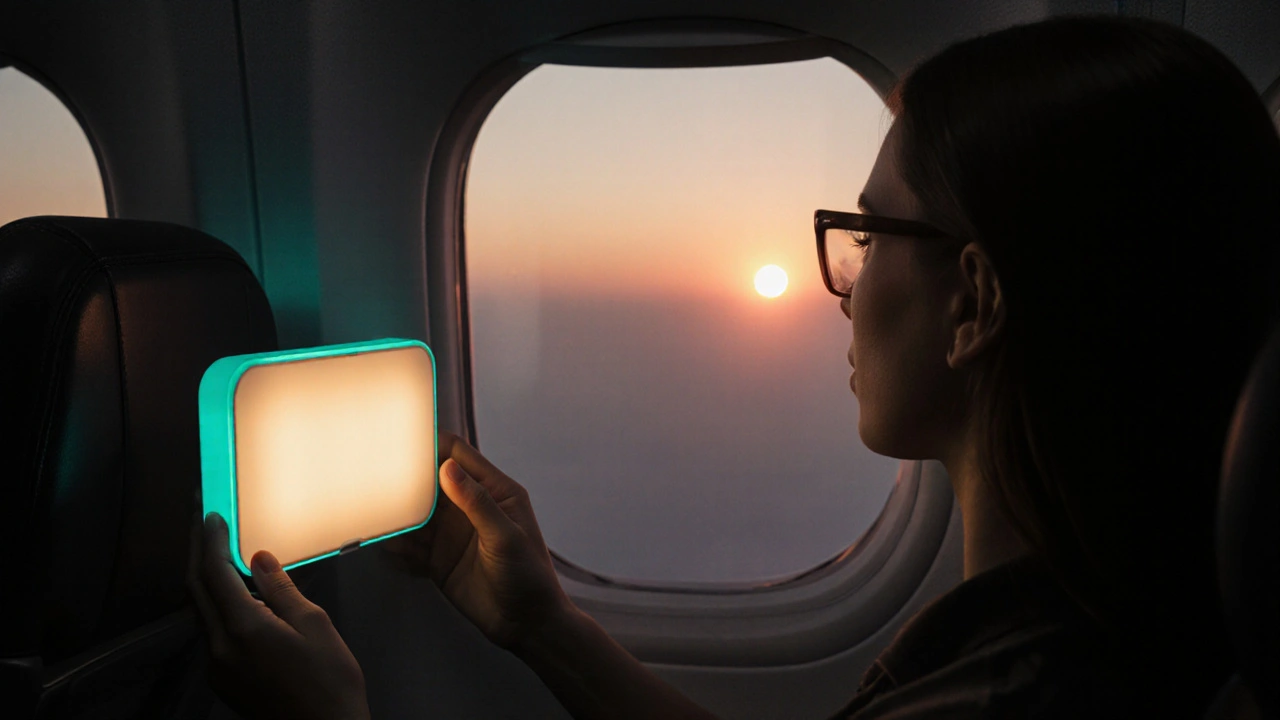 Passenger by airplane window using a light box and blue‑blocking glasses at sunrise.