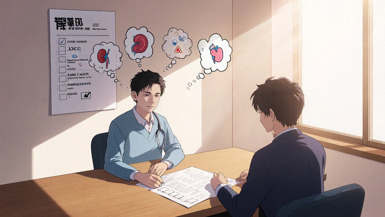 Patient and doctor reviewing a safety checklist with drug icons and risk symbols.