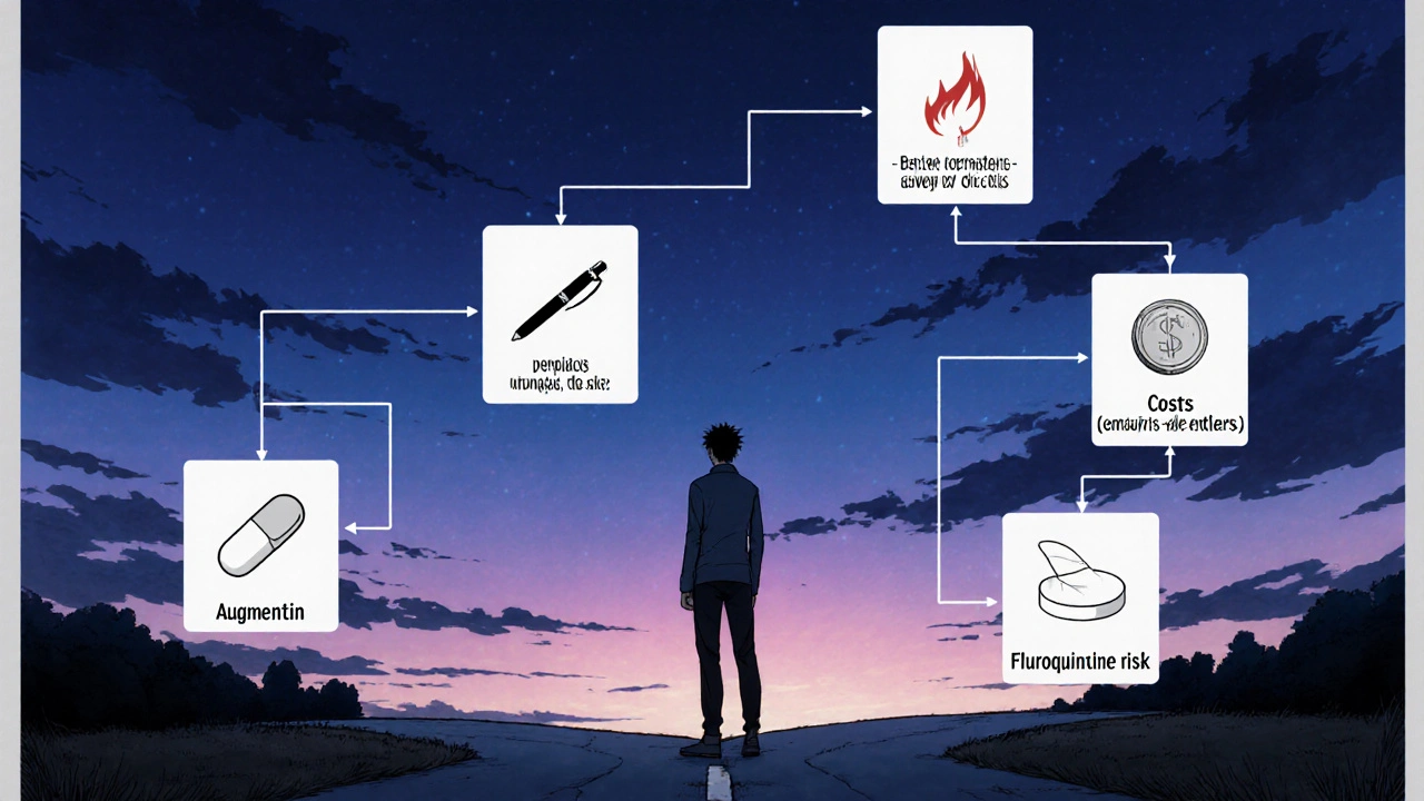 Patient at a dusk crossroads choosing antibiotics based on symbolic path icons.