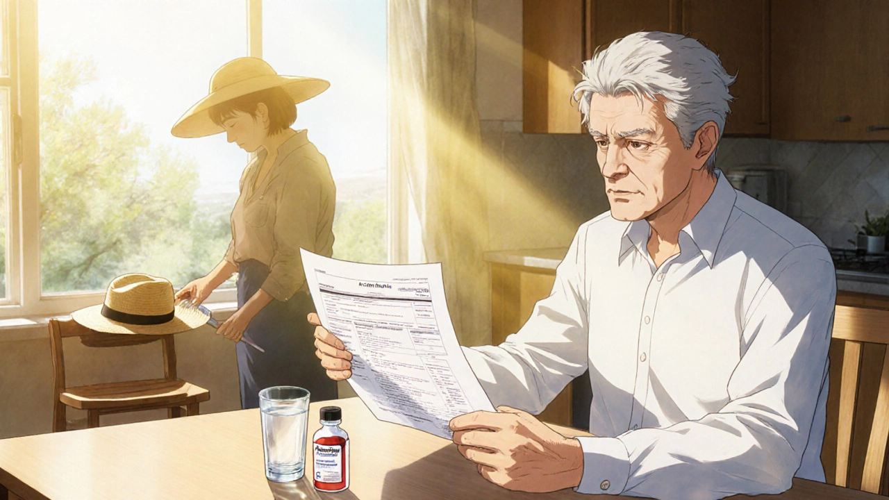 Patient at home reviewing lab results and taking azathioprine with sun protection.