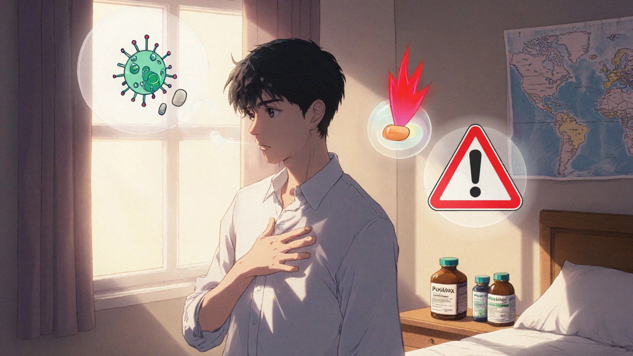 Person considering different antibiotics amid visual symbols of infection and allergy.