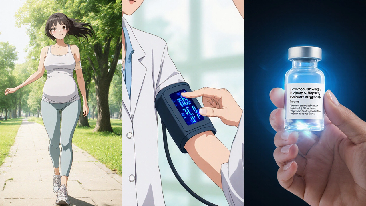 Pregnant woman walking, doctor checking blood pressure, and heparin vial side by side.