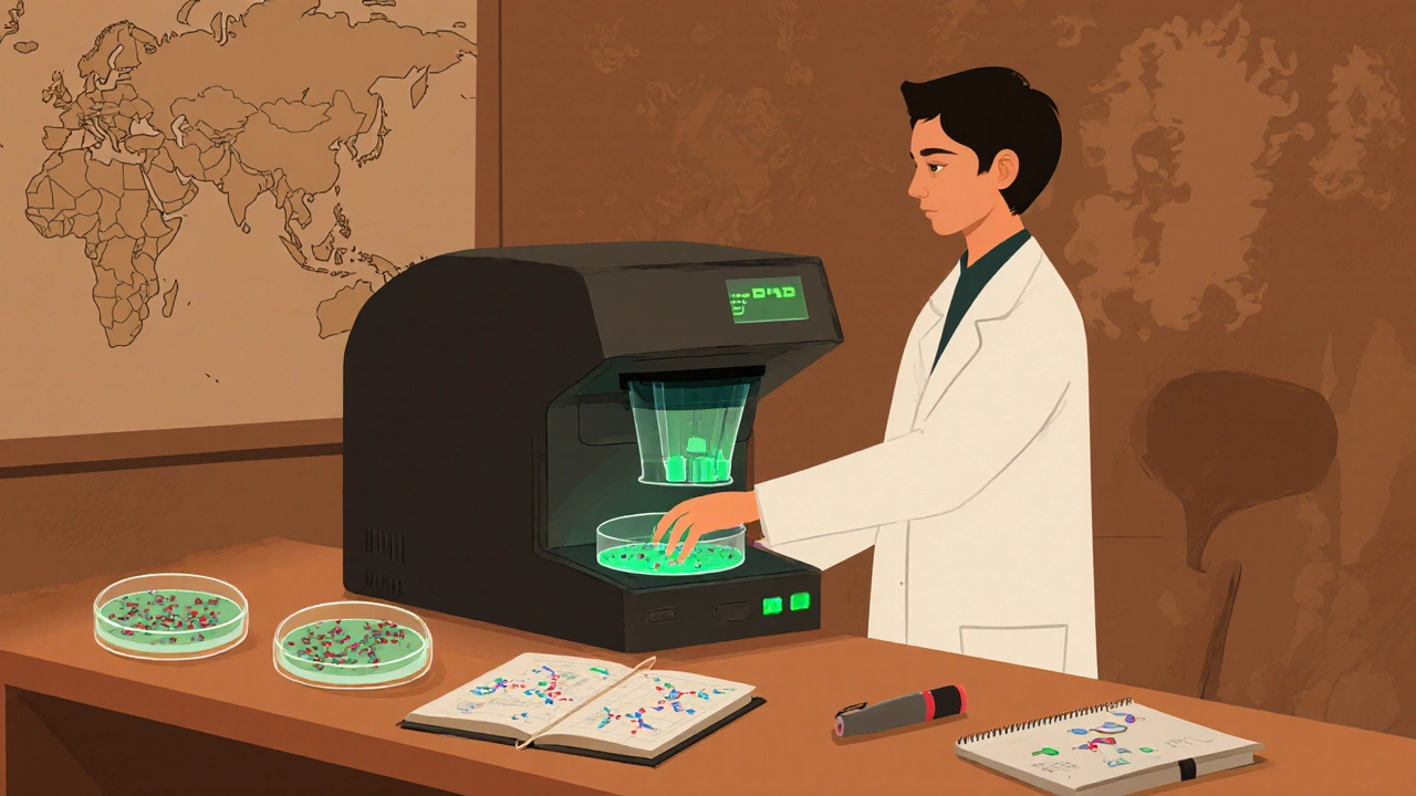 Scientist using a PCR machine to test for resistant amebiasis.