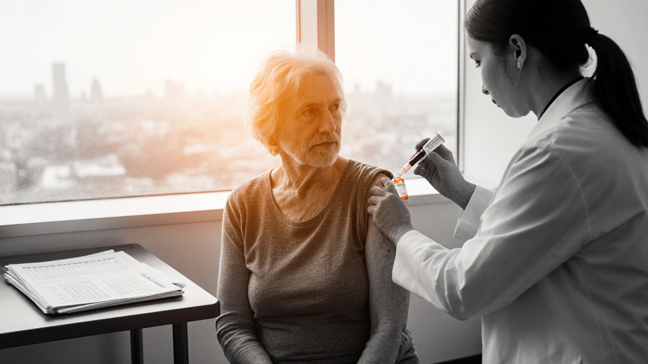 Senior receiving a high‑dose flu vaccine while a nurse holds a lab report, in duotone with an orange accent.