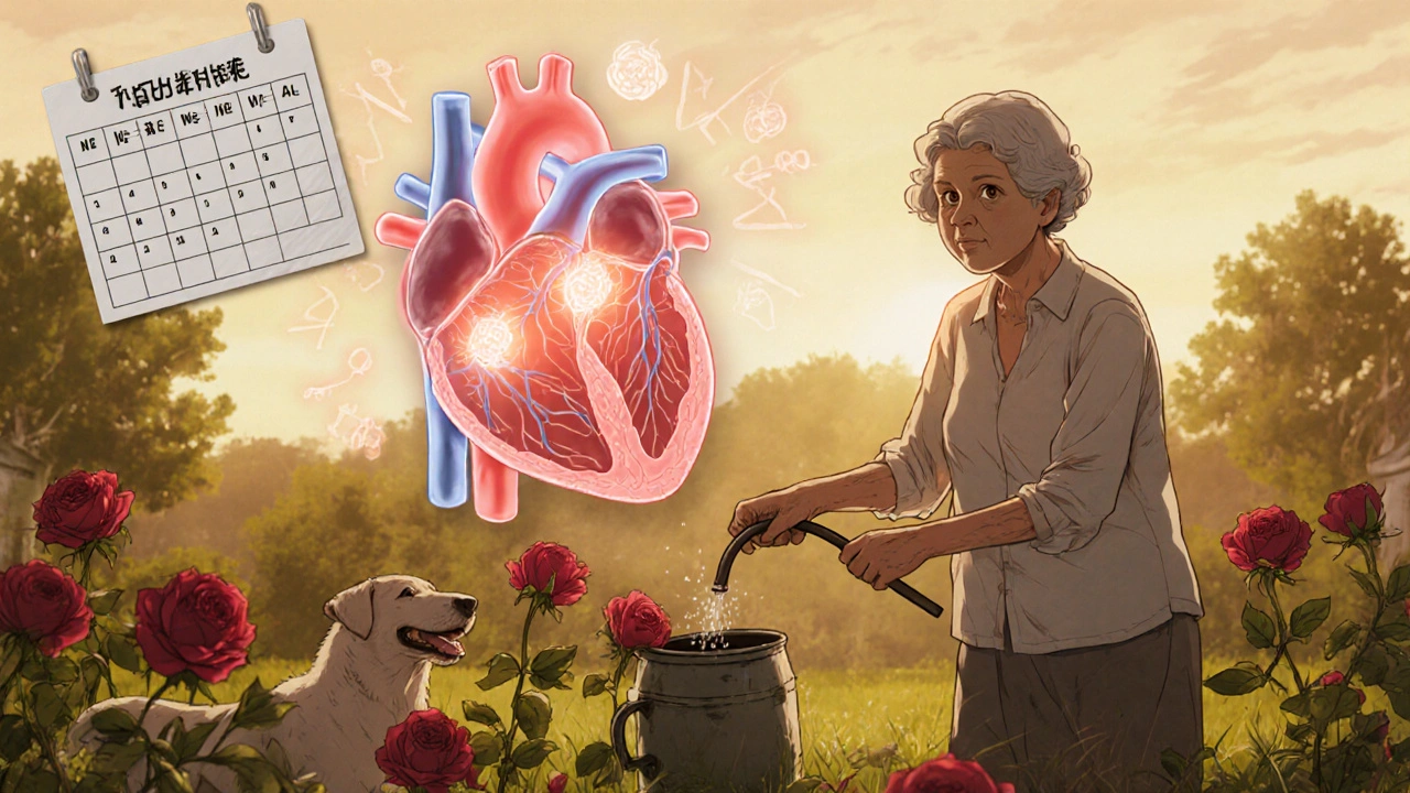 Senior woman gardening happily, heart glowing with efficient glucose metabolism.