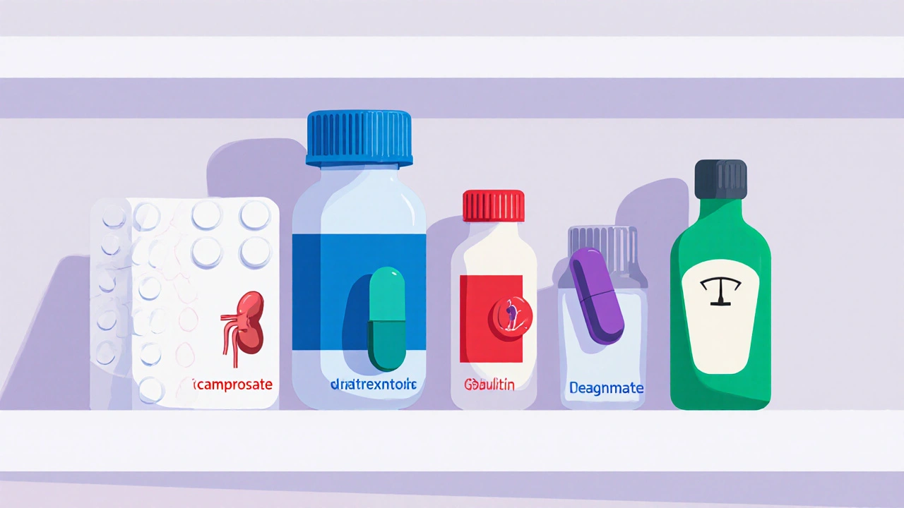 Shelf displaying six different alcohol‑dependence medications with distinct colors.