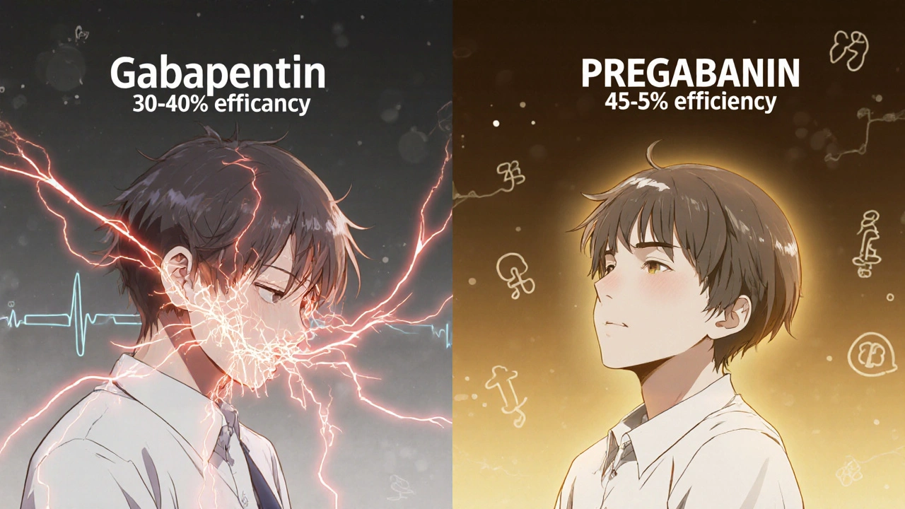 Split-panel illustration comparing nerve activity under Neurontin versus Pregabalin with visual efficacy indicators.