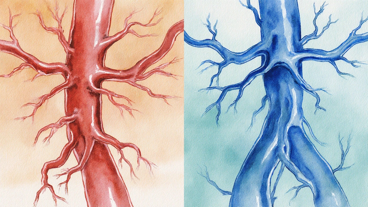 Split watercolor showing narrowed arteries versus relaxed arteries after treatment.