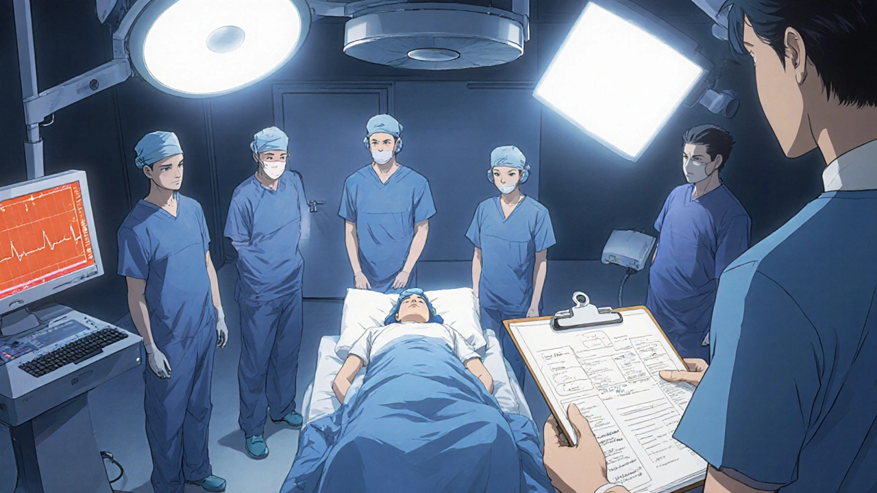 Surgical team preparing for C-section with pregnant patient on table.