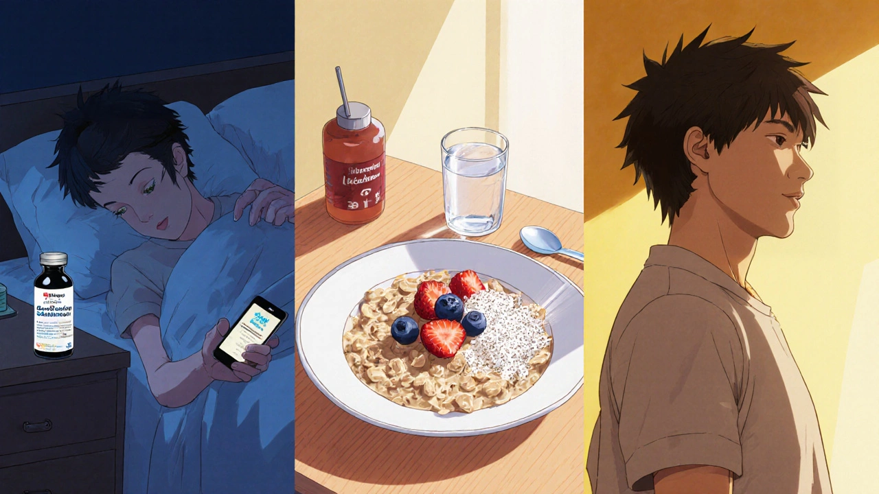 Three panels: taking Solifenacin at night, breakfast with fiber and water, and doing pelvic floor exercises.
