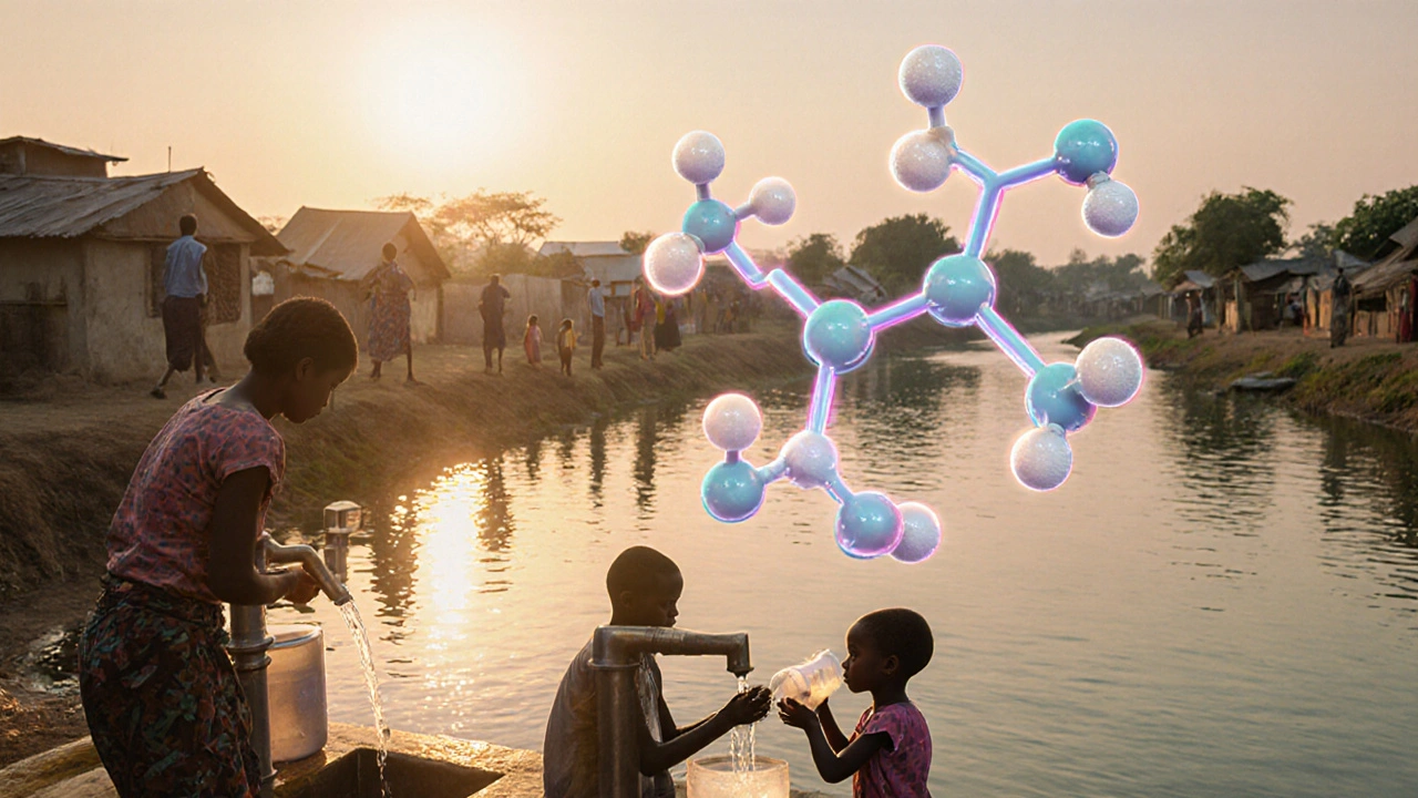 Villagers practicing safe water use with molecular overlay indicating disease control.