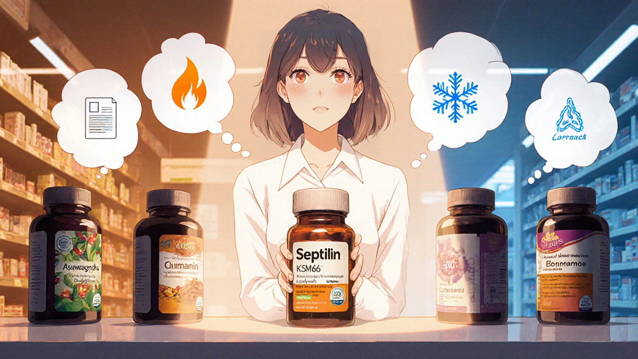 Woman comparing Septilin with Ashwagandha, Curcumin, and Echinacea bottles in a pharmacy.