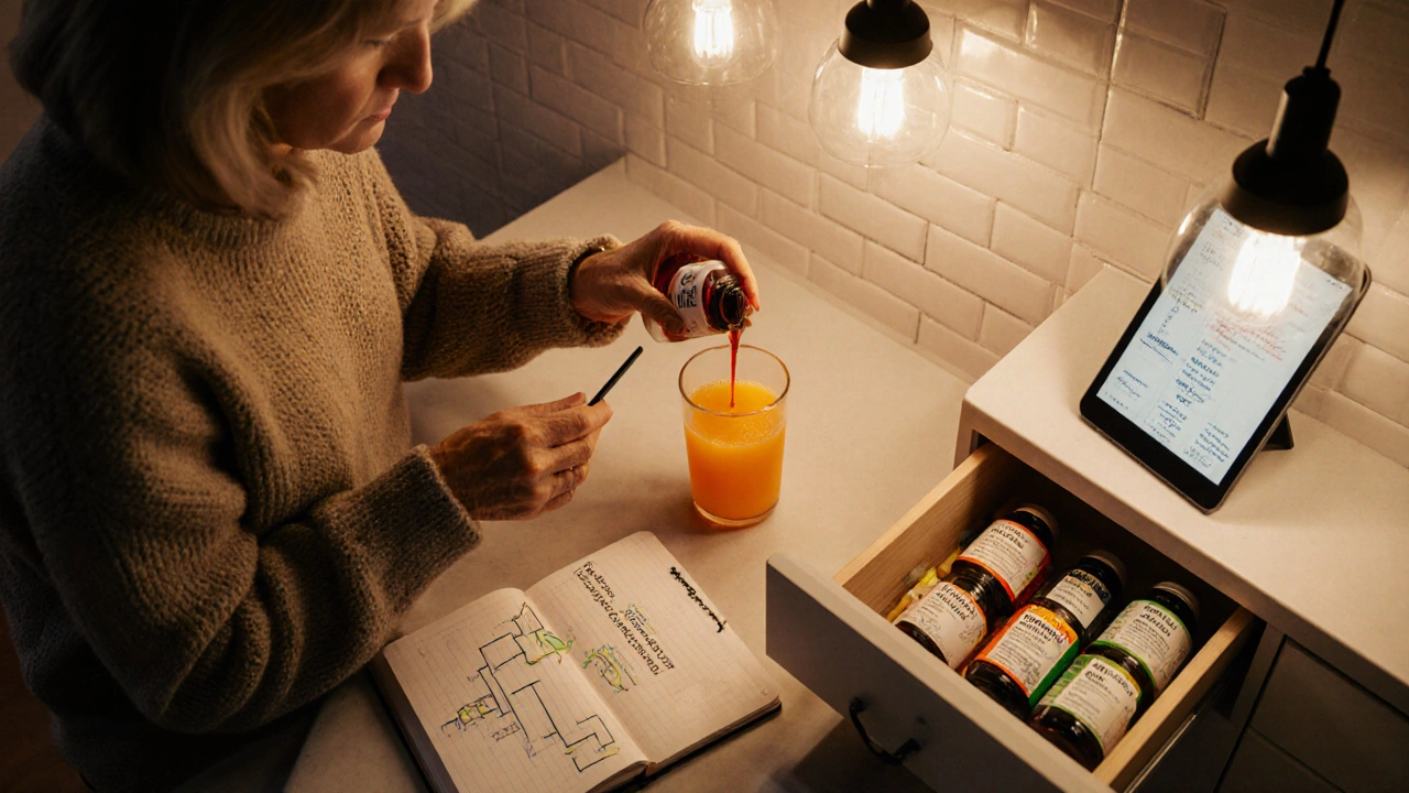 Woman measuring Liv.52 syrup at kitchen counter with capsule bottles and a decision‑tree notebook.