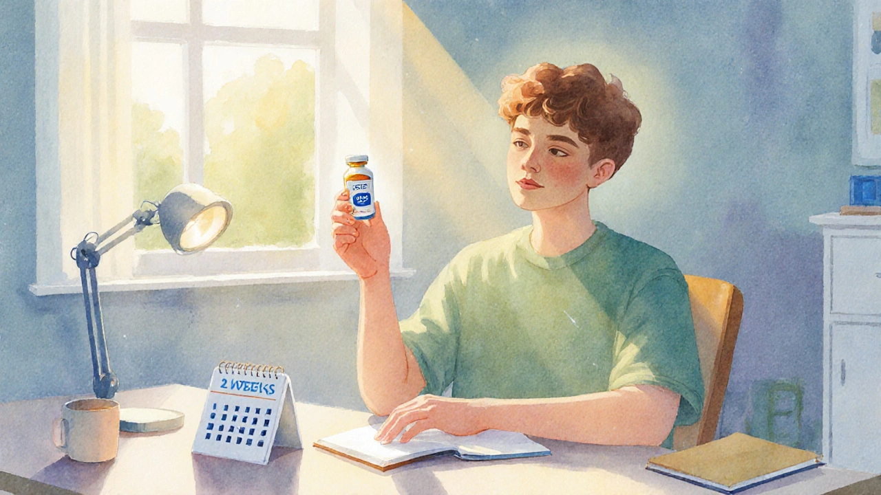 Young adult at a desk taking an Axepta pill, sunlight streaming in, calendar showing two‑week timeline, focused expression.