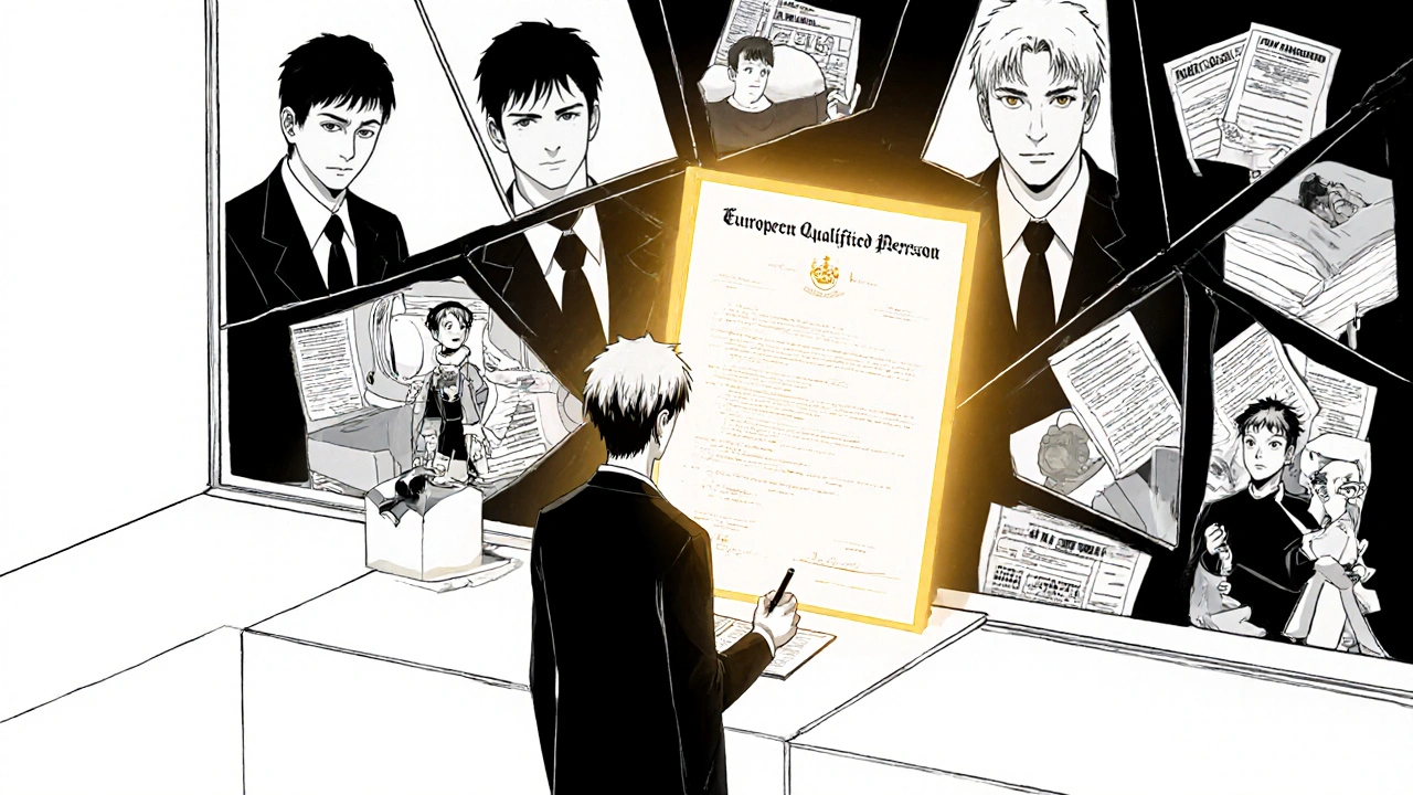 A certified professional signing a document as reflections of product failures and human consequences surround them.