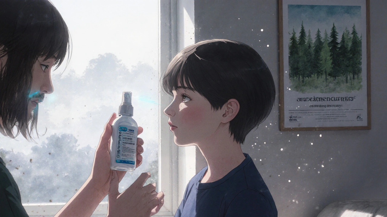 A child being guided to use nasal spray at home, with smog visible outside the window.