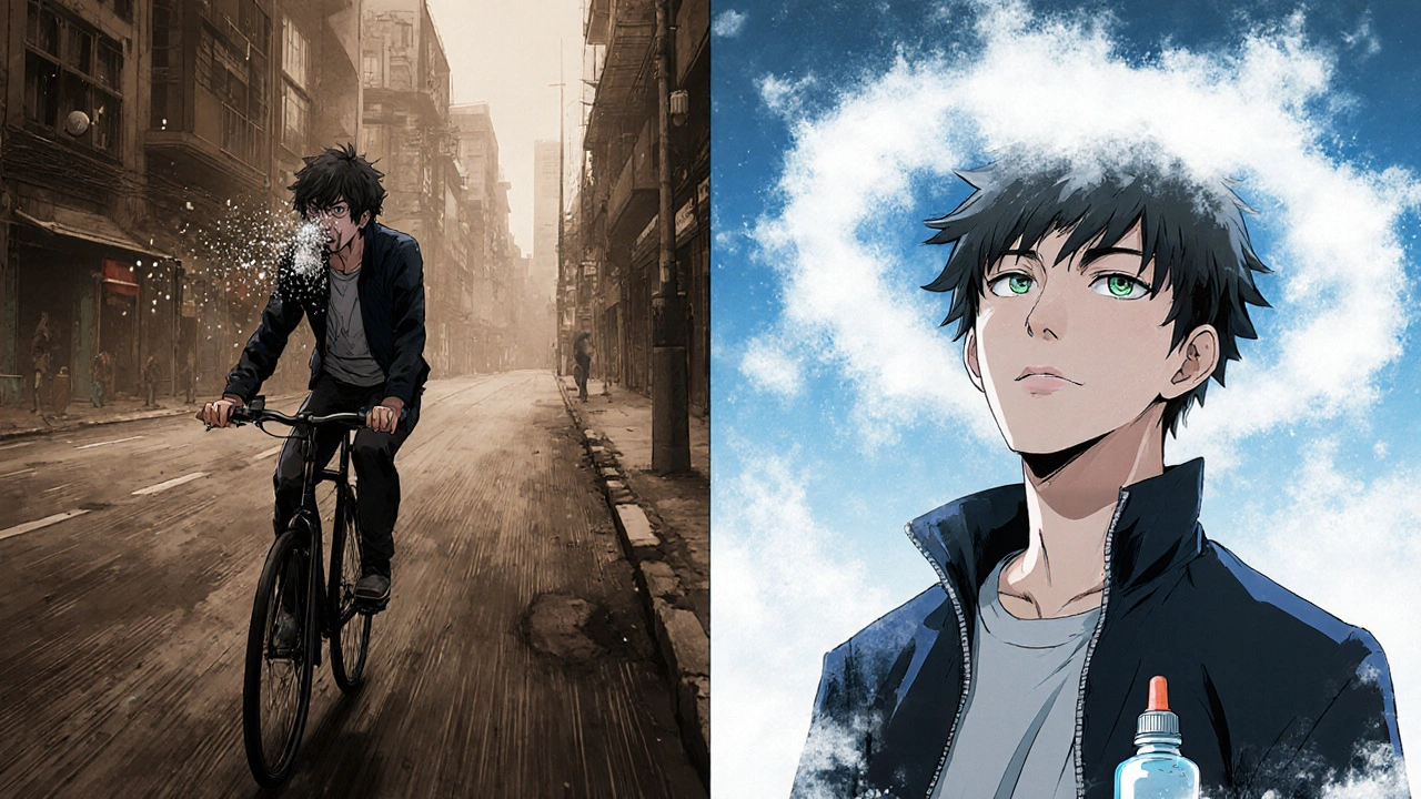 A cyclist transforms from suffering in pollution to riding confidently with protective air halo.